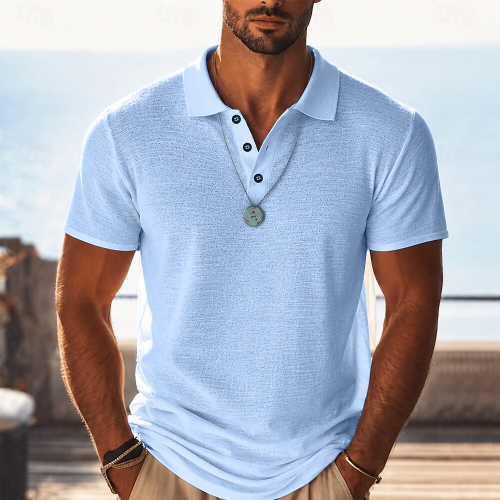 Waffle Knit Lapel Collar Short Sleeve Vacation Polo Shirt for Men