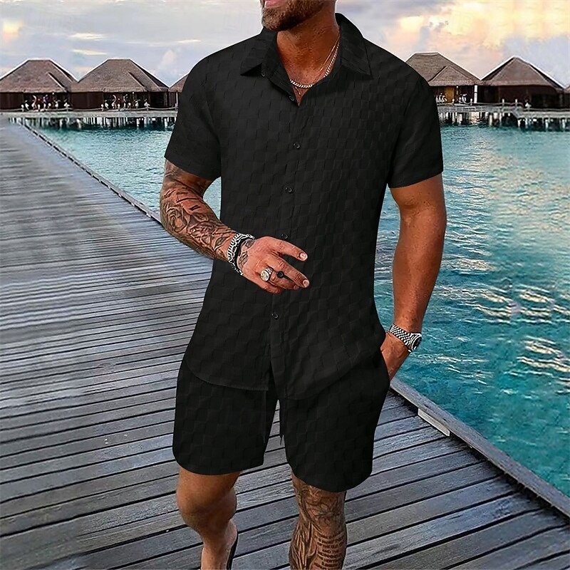 Grid Textured Matching Shirt Short Two Piece Vacation Set for Men