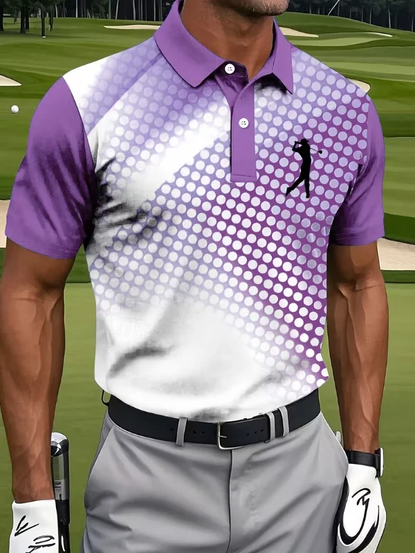 Men’s Collared Raglan Short Sleeve Gradient Dot Golfer Silhouette Print Performance Golf Polo Shirt