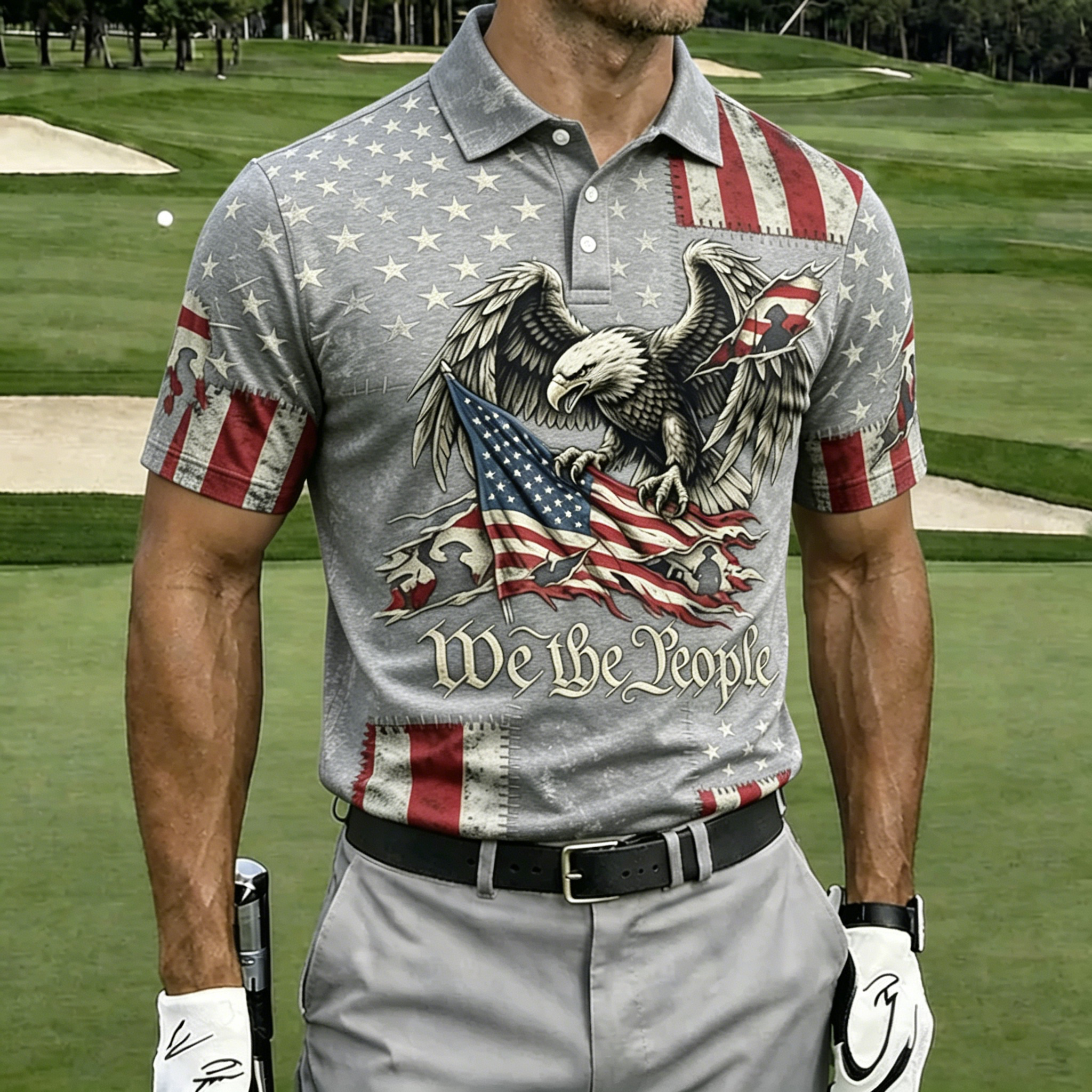 We The People Distressed Eagle Flag Full Print Black Collar Golf Polo Shirt for Men