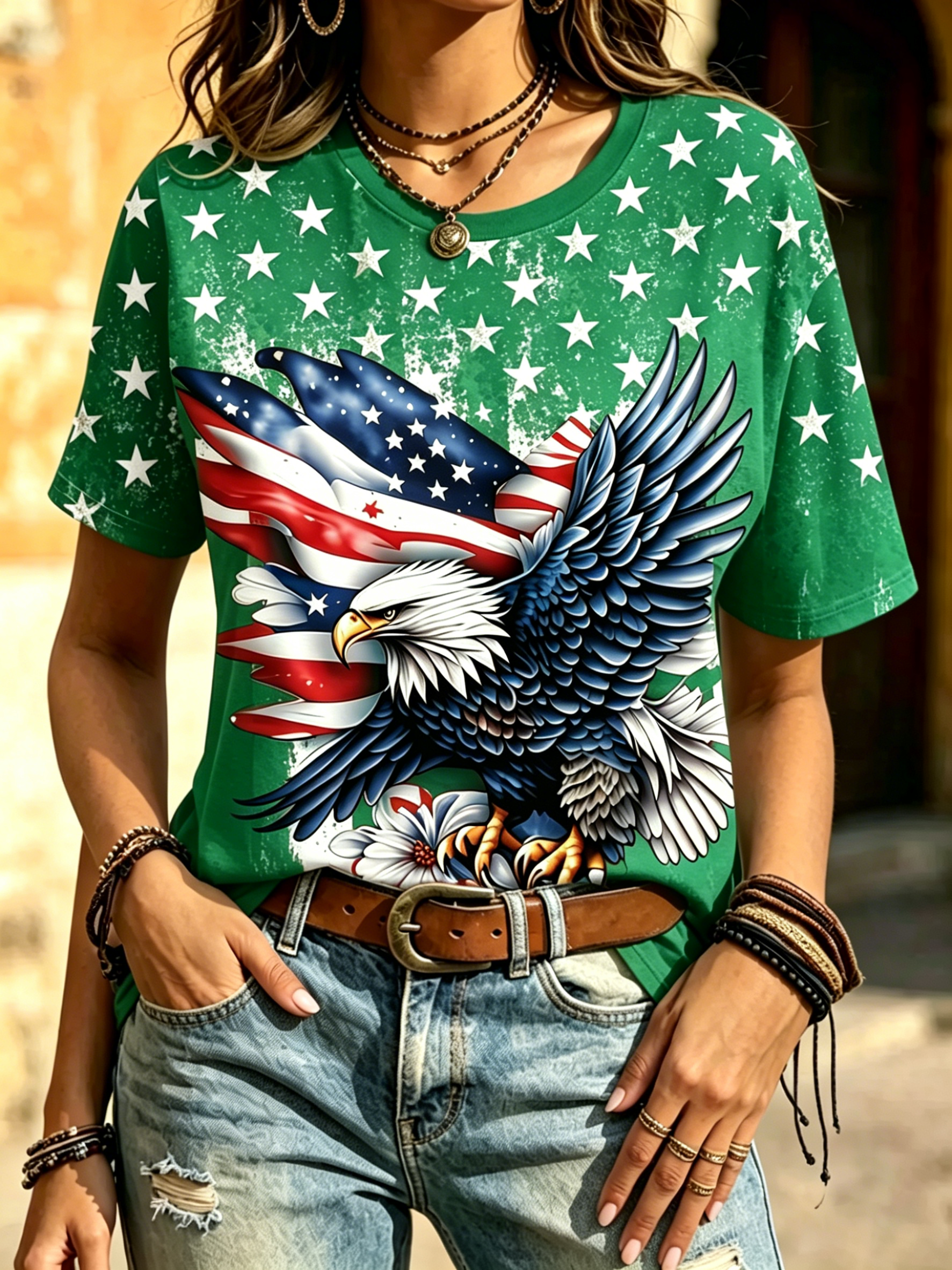 Patriotic Bald Eagle American Flag Print Crew Neck Short Sleeve Casual T-Shirt for Women