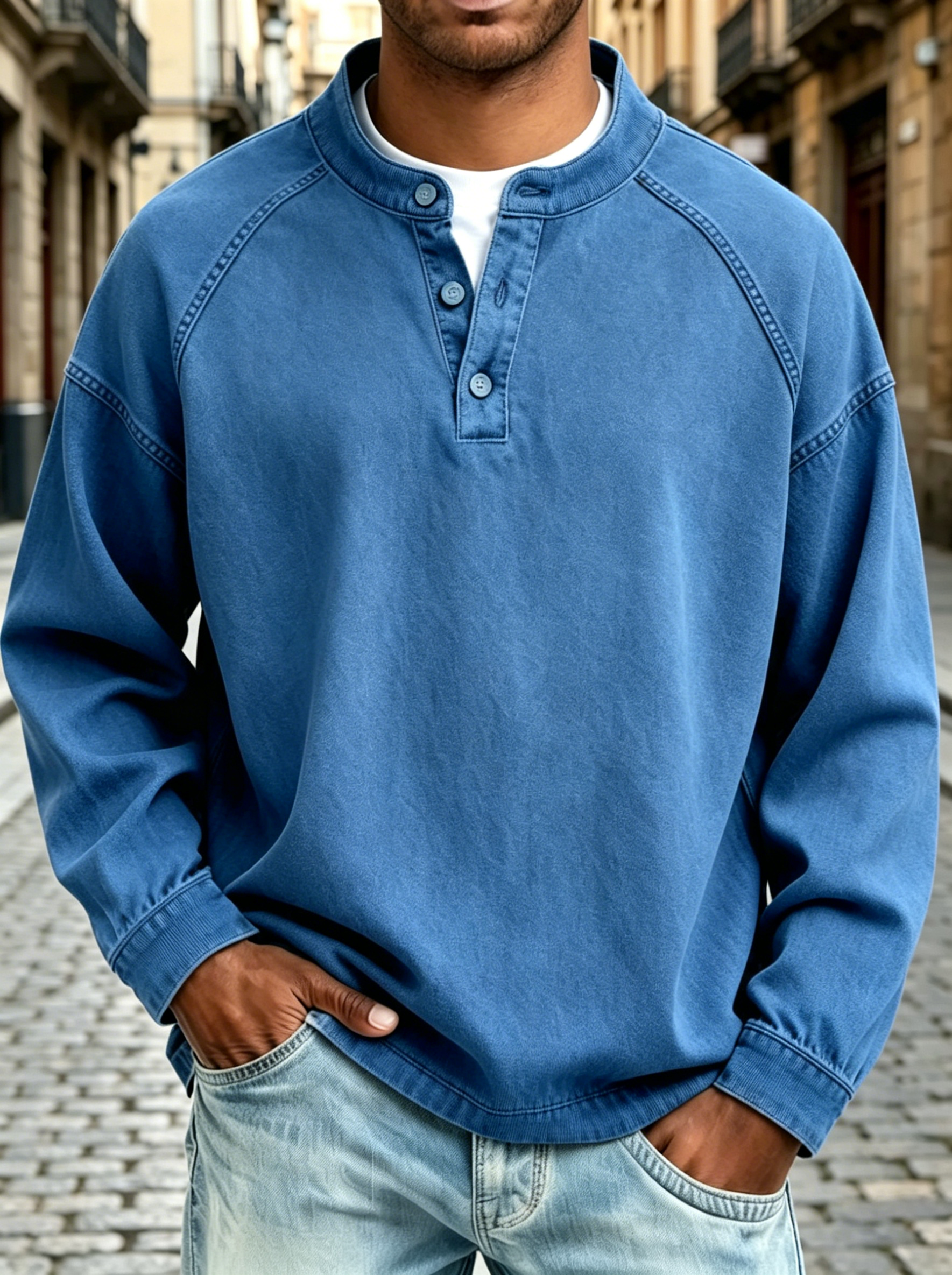 Henley Collar Raglan Sleeve Washed Sweatshirt for Men