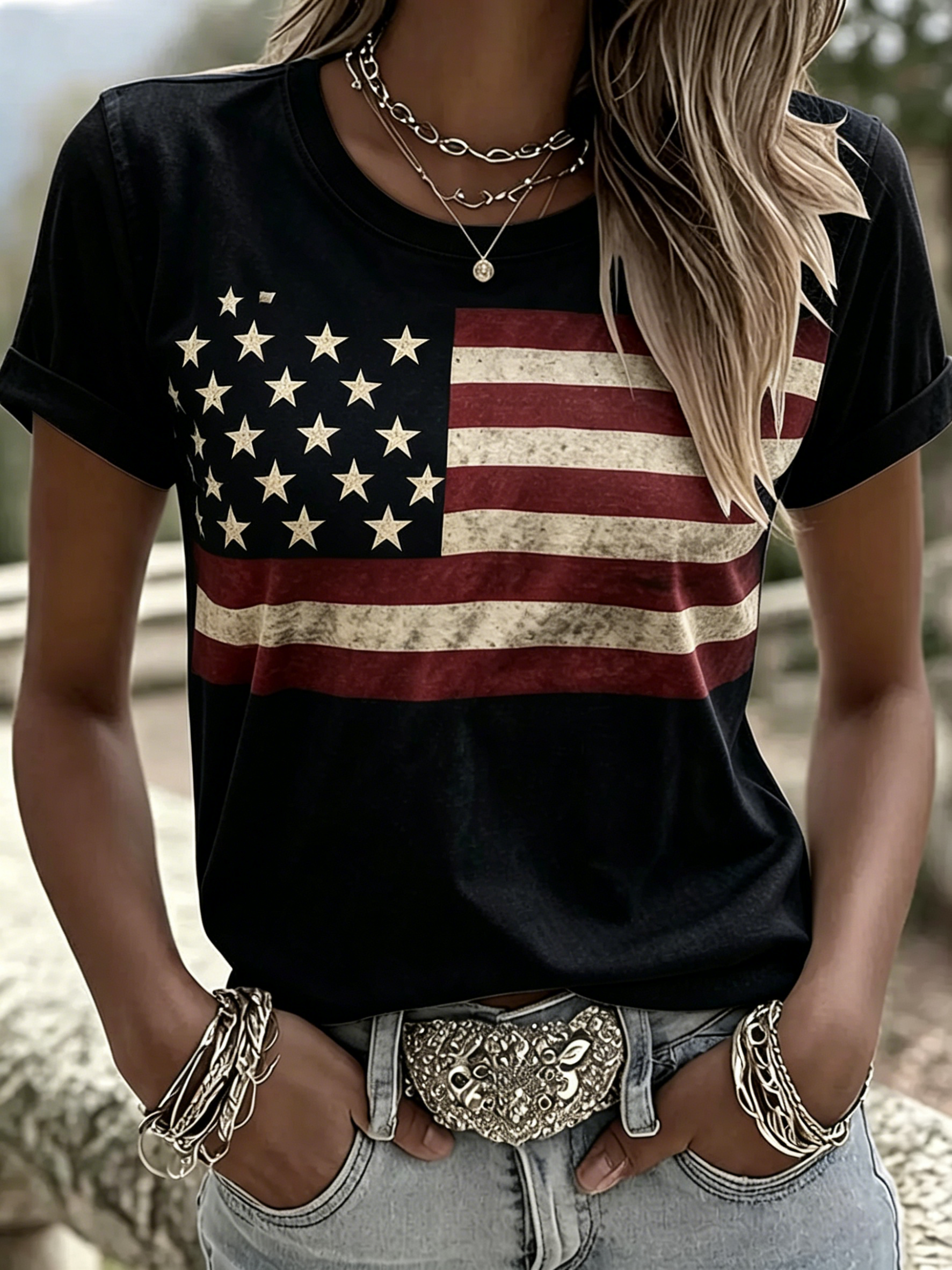 Distressed USA Flag Print Crew Neck Casual Roll Cuff Tee