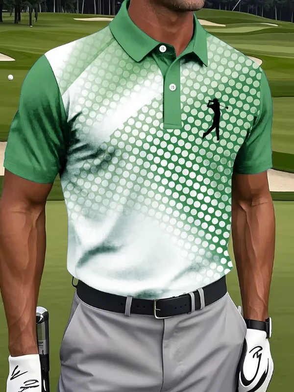 Men’s Collared Raglan Short Sleeve Gradient Dot Golfer Silhouette Print Performance Golf Polo Shirt