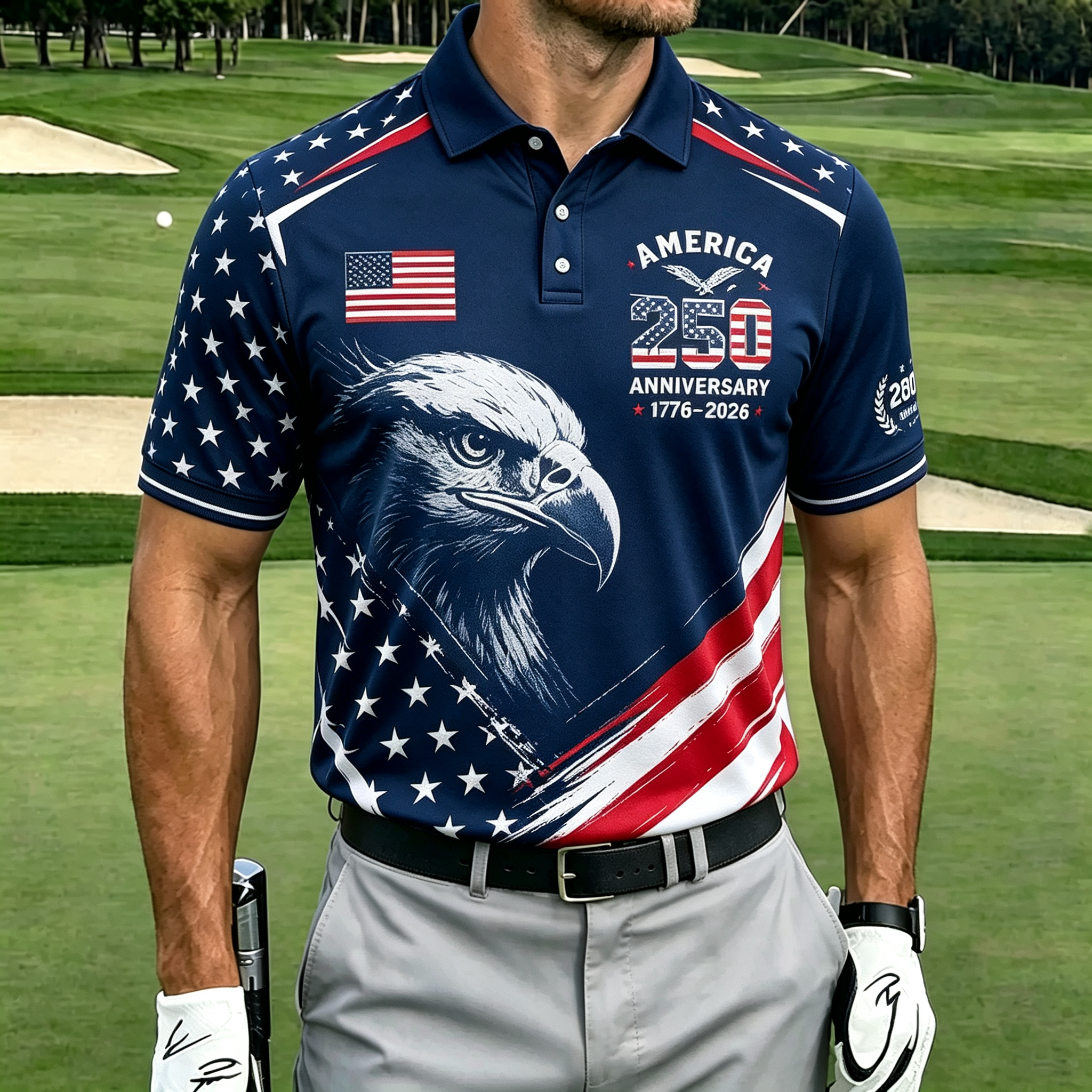 Gradient Star Stripe Flag Bald Eagle America Men Golf Polo