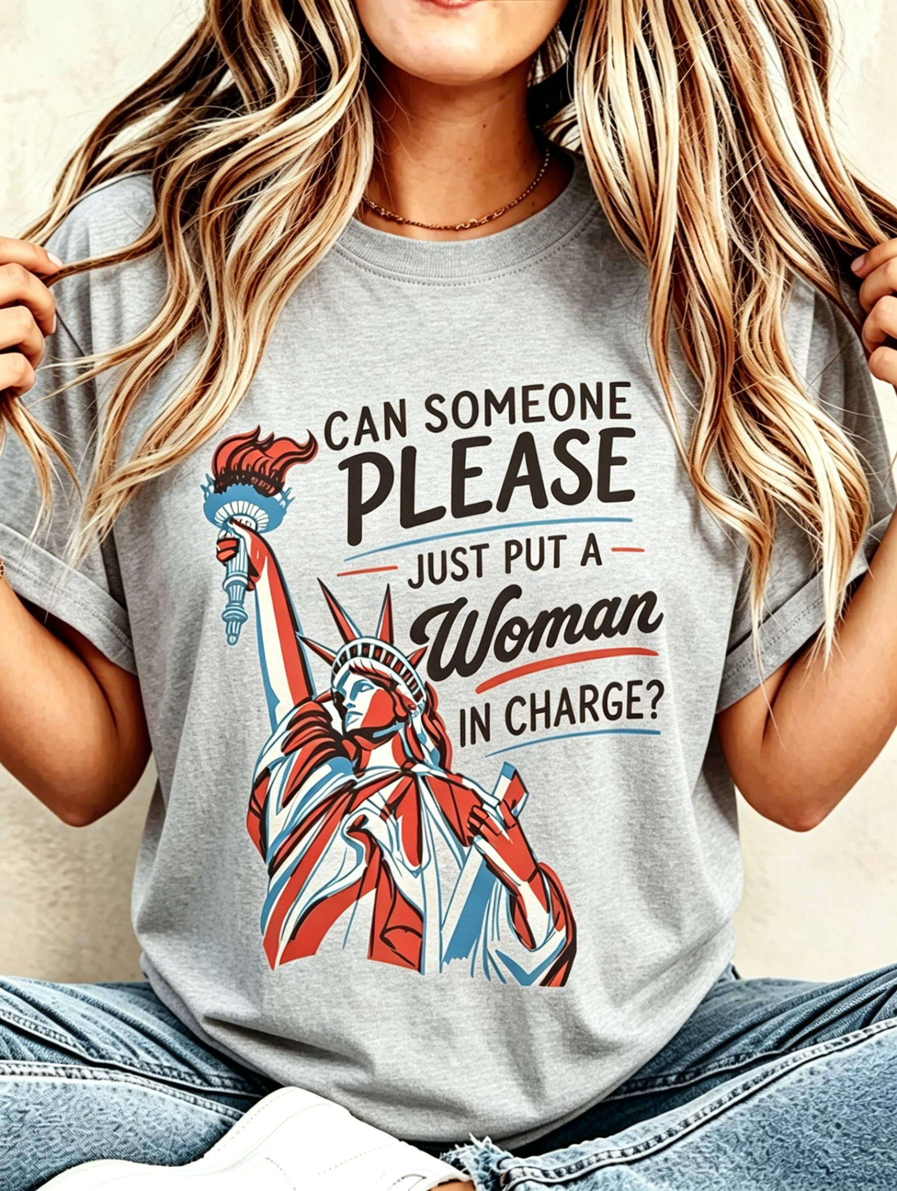 Flag Bow Cross God Bless America Patriotic Crew Neck T-Shirt for Women