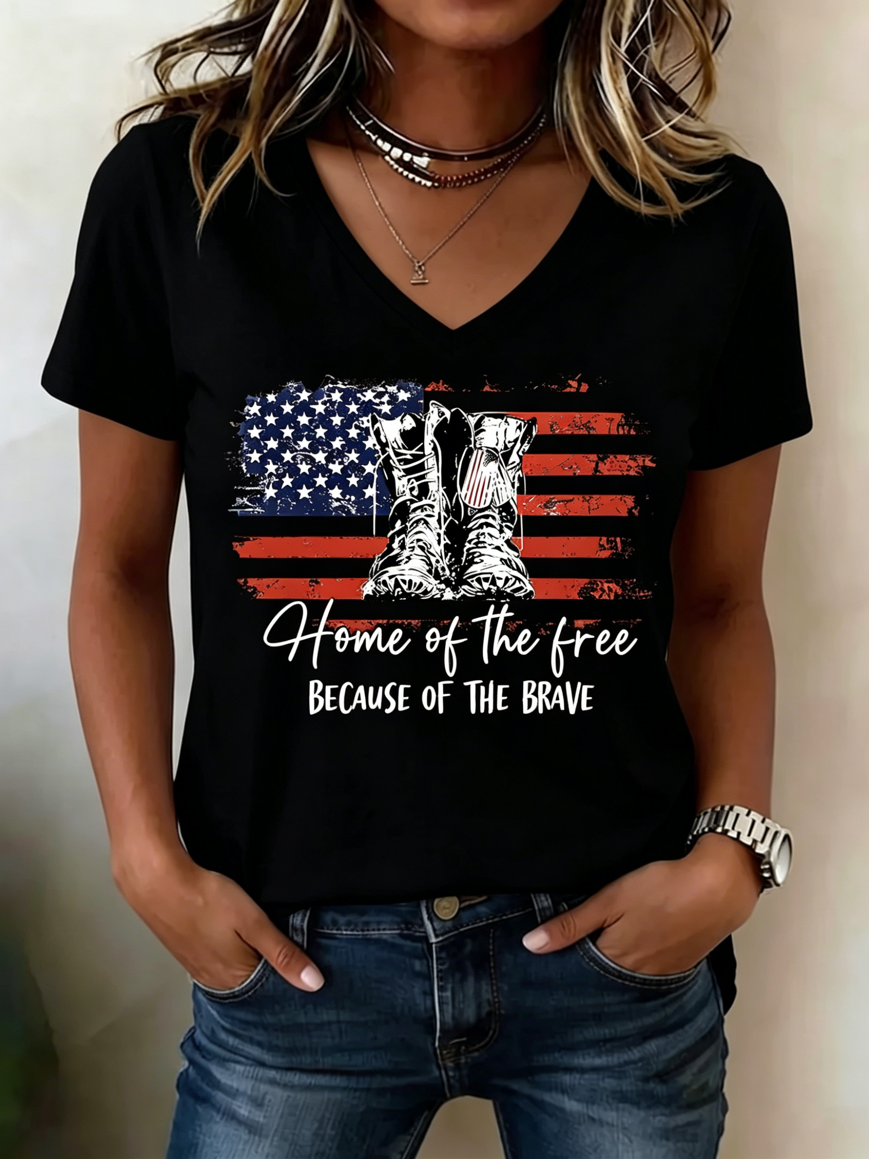 USA Flag Military Boot Home Of The Free Print V-Neck Casual Patriotic Short Sleeve Tee