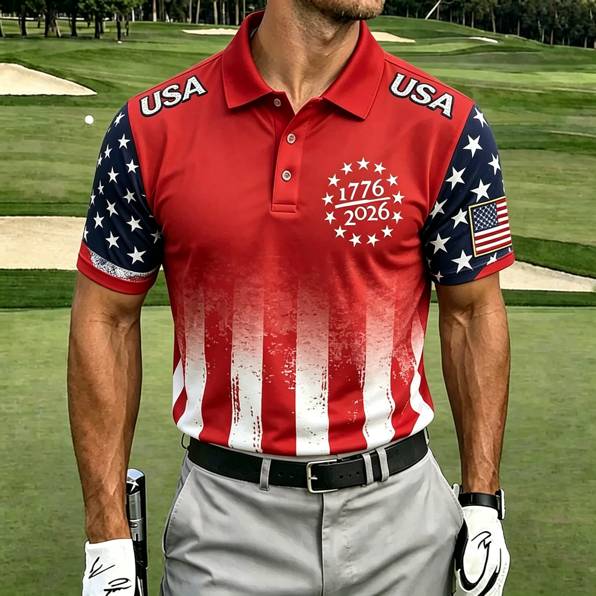 USA 250th Anniversary Distressed American Flag Golf Polo Shirt | Tactical Eagle Patriotic Polo