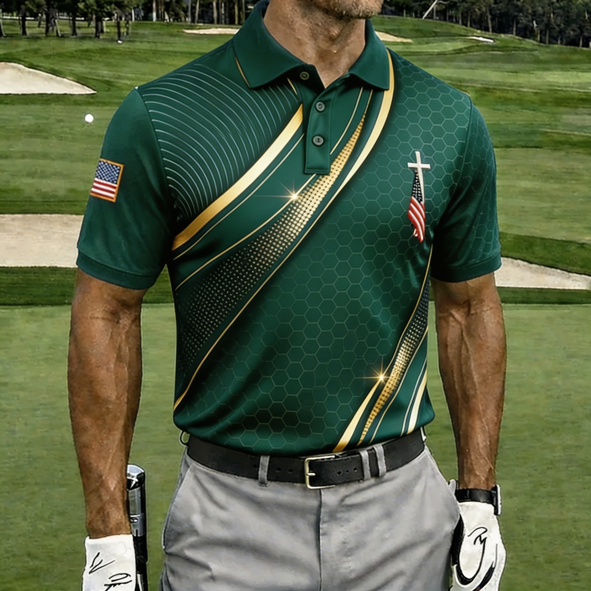 Premium Gold Line USA Cross Flag Golf Polo Shirt