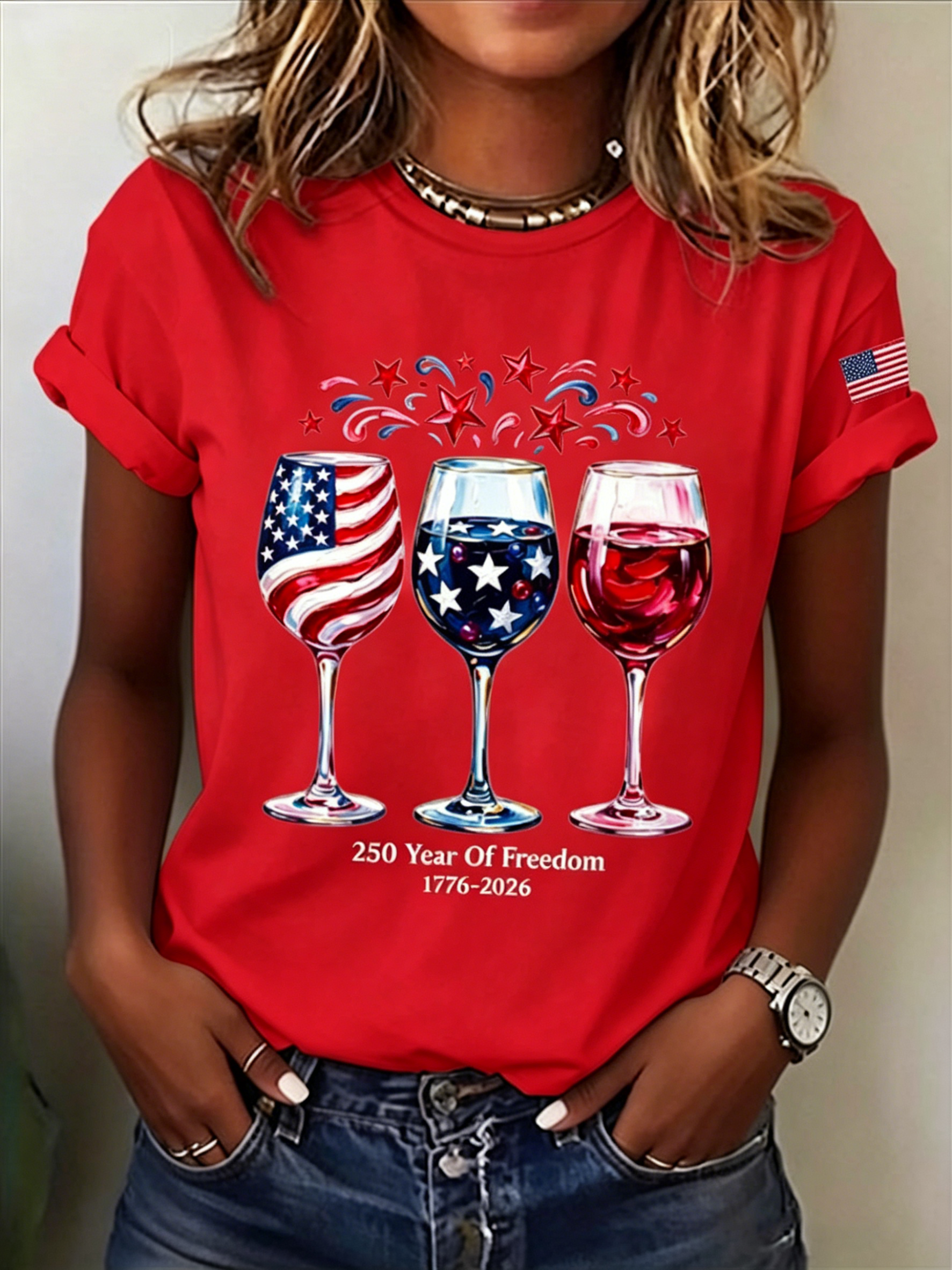 Women’s Patriotic Wine Glass Print T-Shirt, 250th Independence Day Casual Short Sleeve Tee