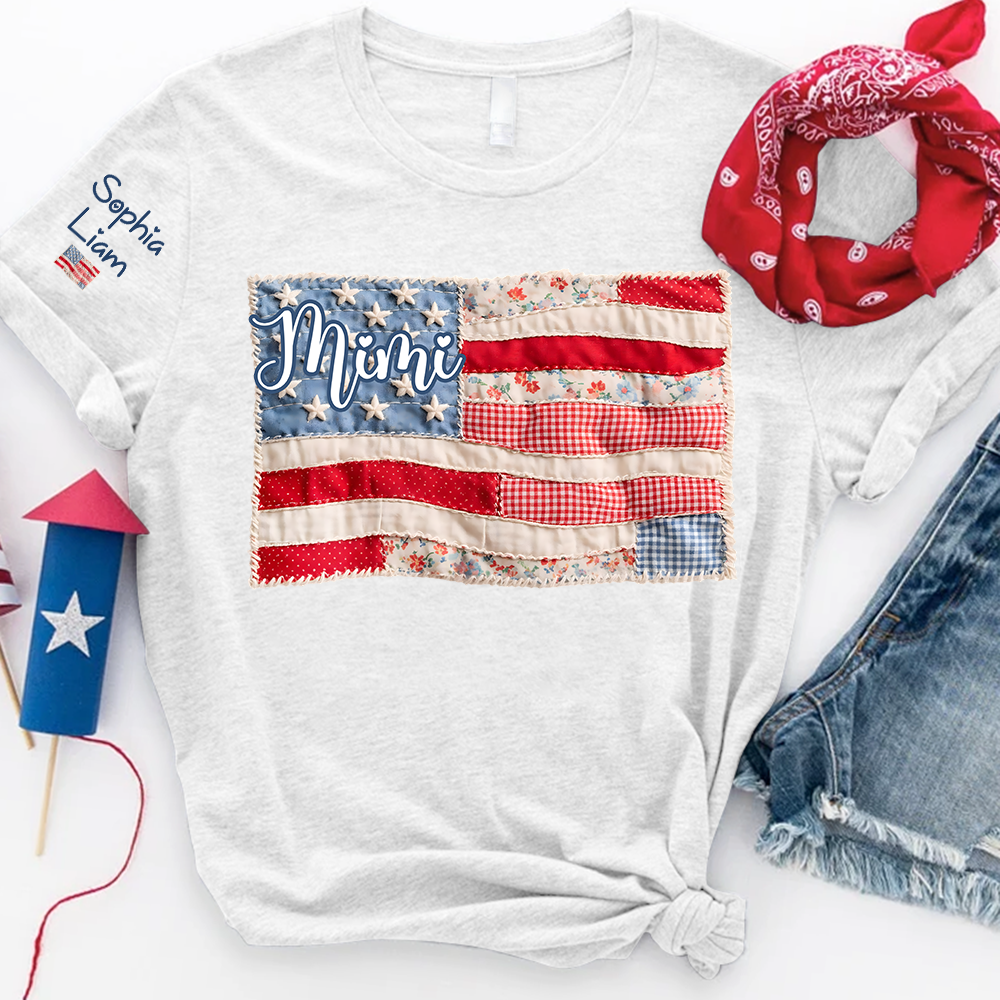 Mimi Shirt with Kids Names Patriotic Patchwork American Flag Design Custom Family Tee