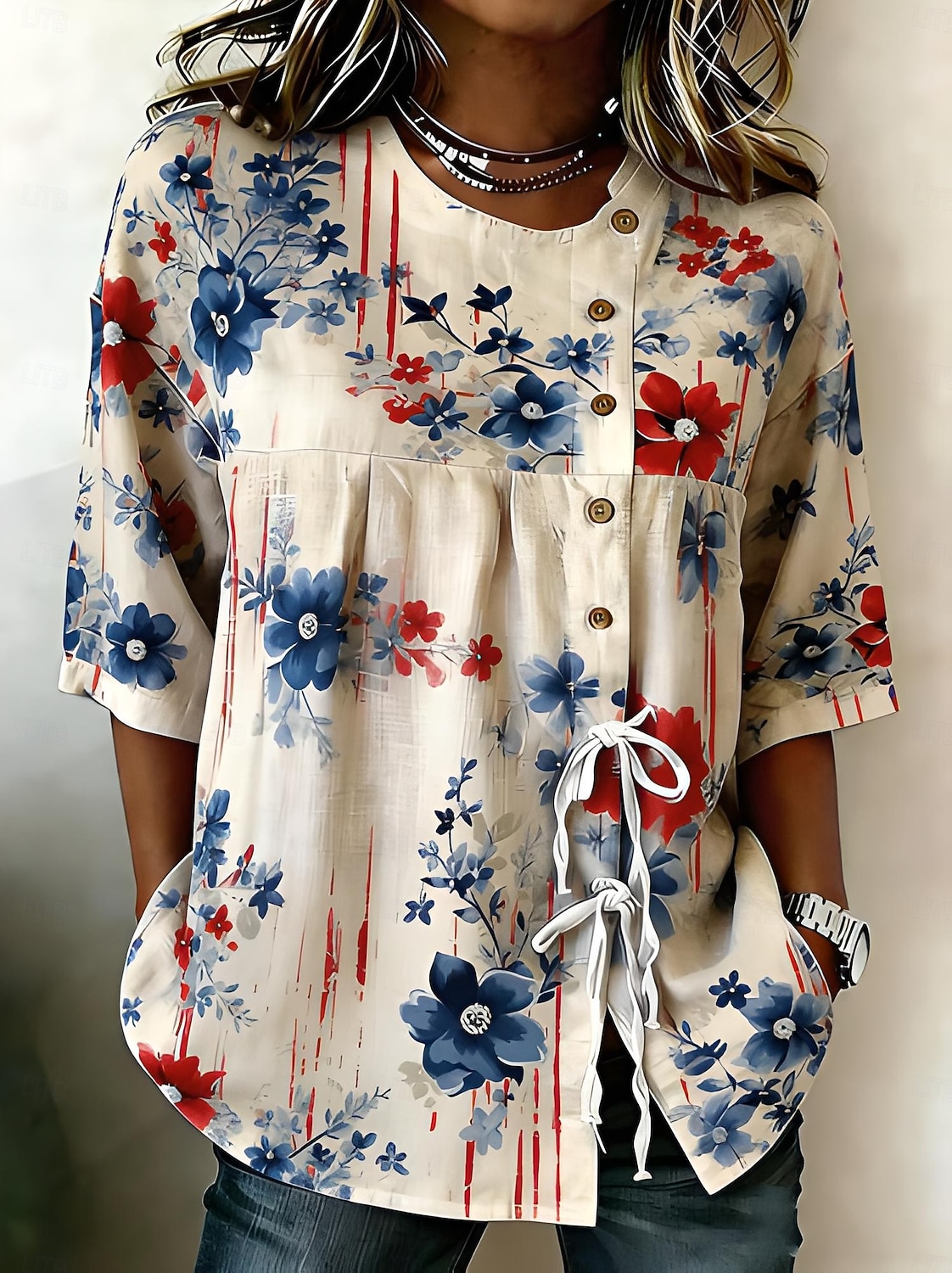 American Independence Day Women's Shirt – Buttons Print Graphic, Long Sleeve Shirt Collar