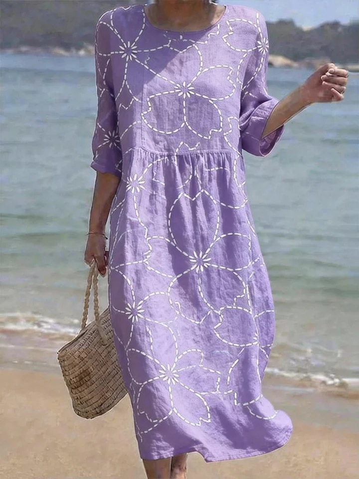 Round Neck Relaxed Fit Flowy Floral Midi Dress Ladies Holiday Daily Swing Dress