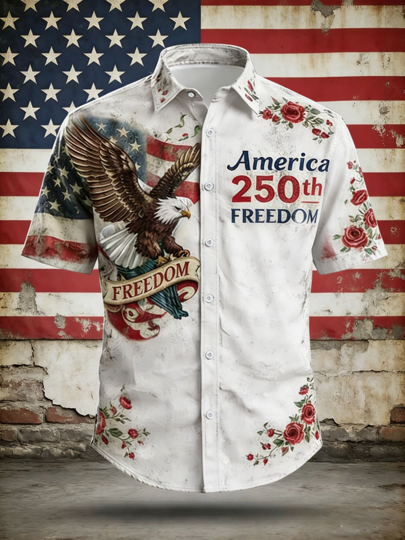America 250th Freedom Vintage Button-Down Shirt – Eagle & American Flag Print with Floral Accents, Patriotic Short Sleeve Casual Top