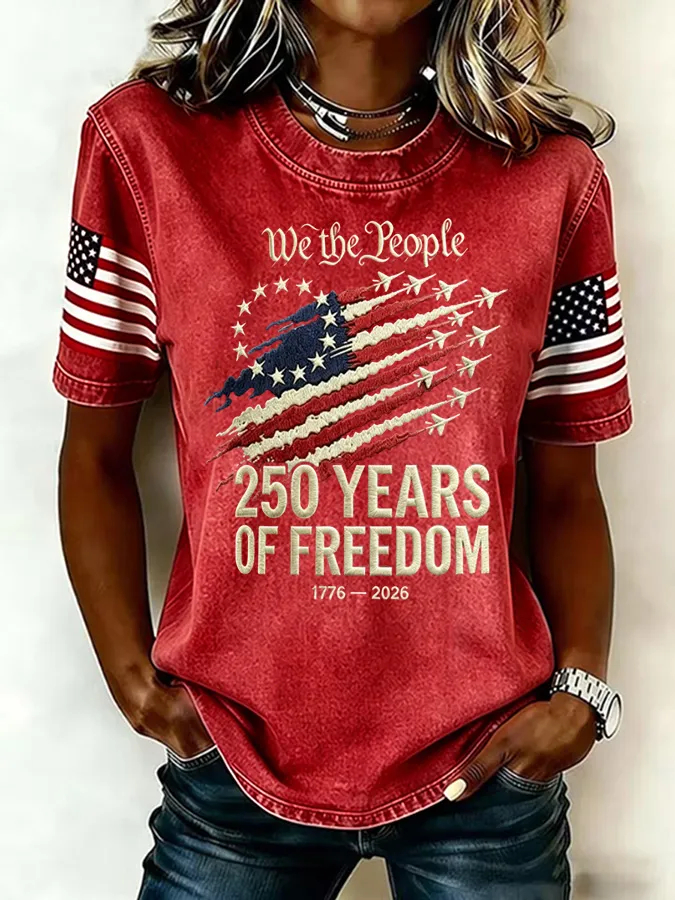 Retro Distressed Patriotic Flag Star Jet Print USA Flag Sleeve Patch Crew Neck Casual Tee