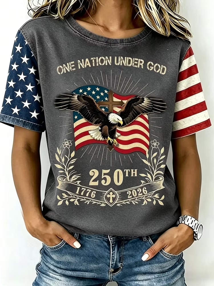 Women Eagle Cross One Nation Under God USA Flag Spliced Sleeve Vintage Washed T-Shirt