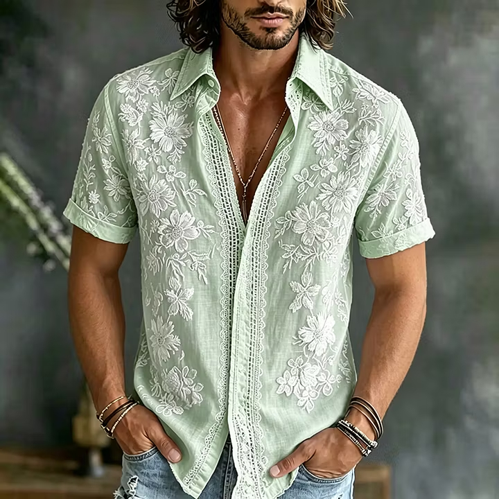 Boho Style Men Floral Embroidered Short Sleeve Casual Vacation Button Down Shirts