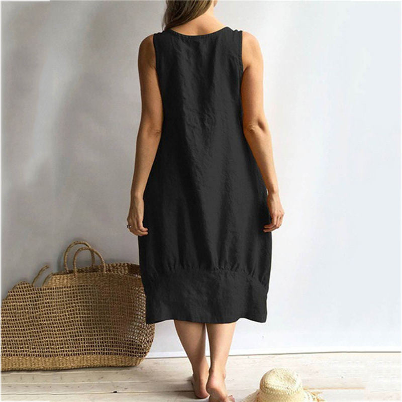 (S-5XL) Women's sleeveless dresses made of solid cotton and linen