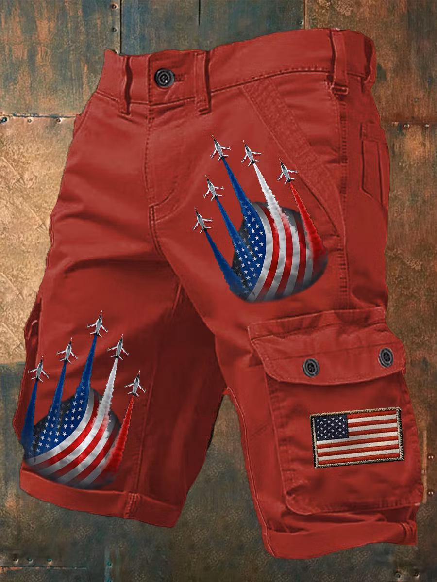 Men Patriotic Fighter Jet USA Flag Multi Pocket Casual Cargo Shorts