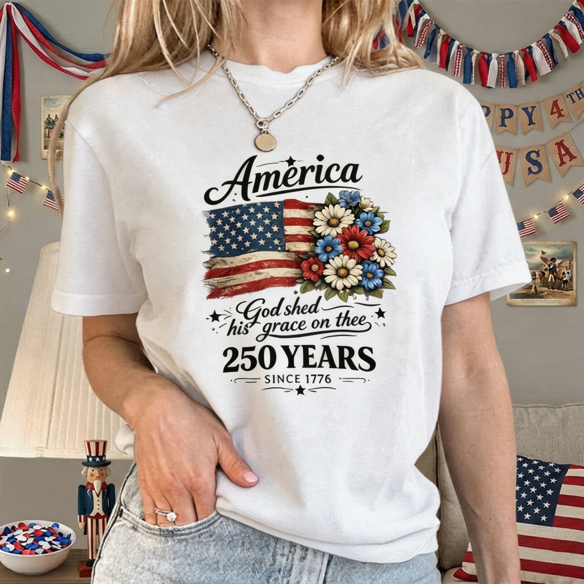 America 250 Years Floral Flag Graphic Tee – Vintage USA Flag with Flowers & "God Shed His Grace" Quote, Casual Black Short Sleeve Top