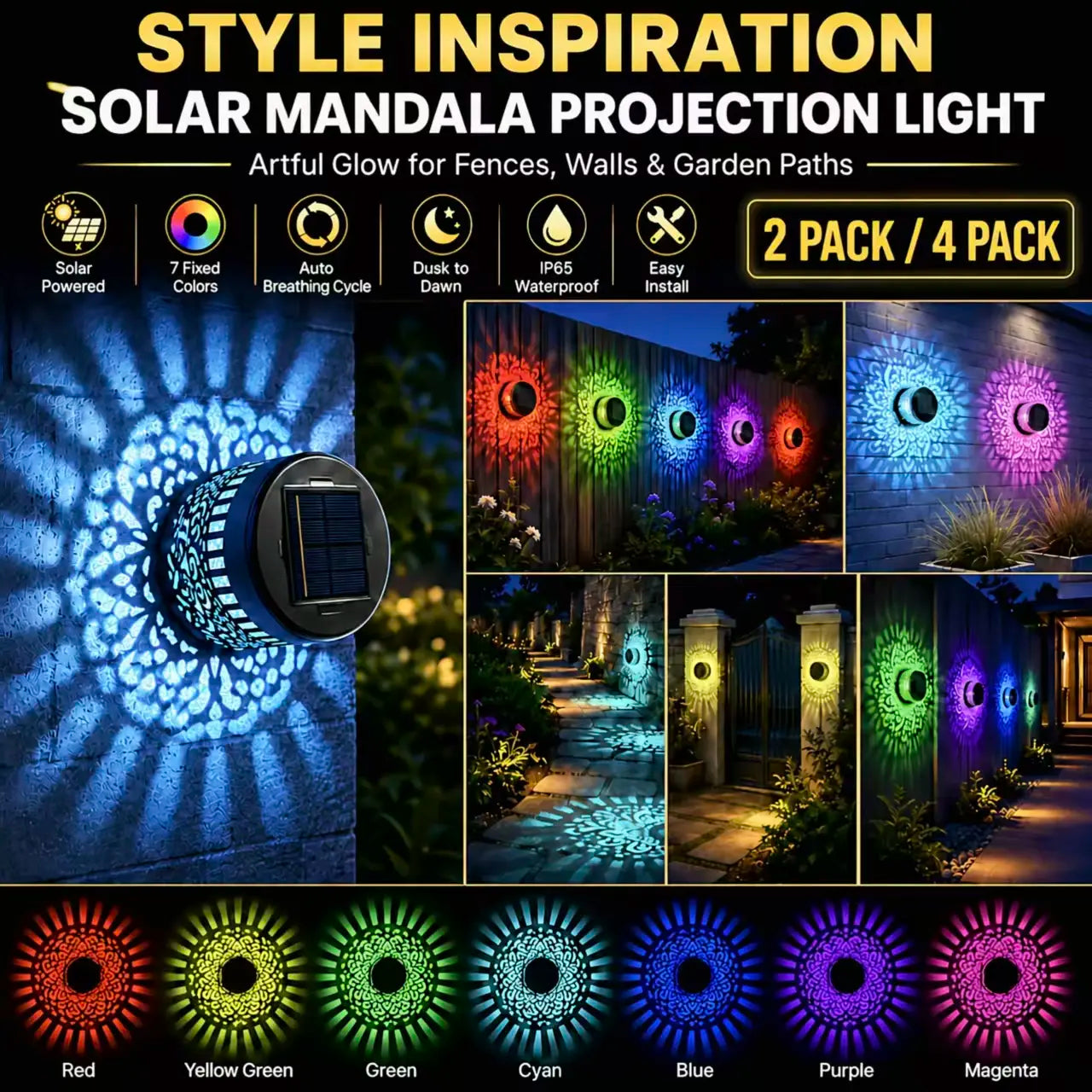 📢50%OFF📢Seven-Color Changing Solar Mandala Projection Wall Light