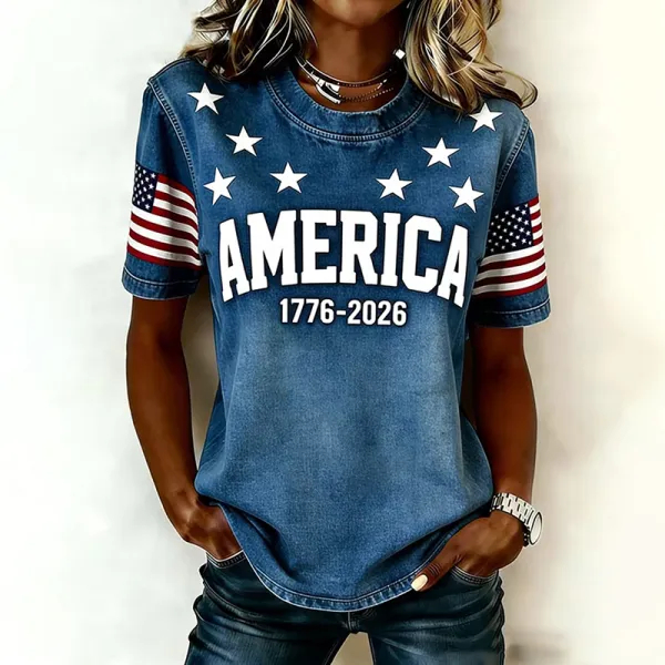 Women Vintage Washed America Star Flag Print Crew Neck Casual Patriotic T-Shirt