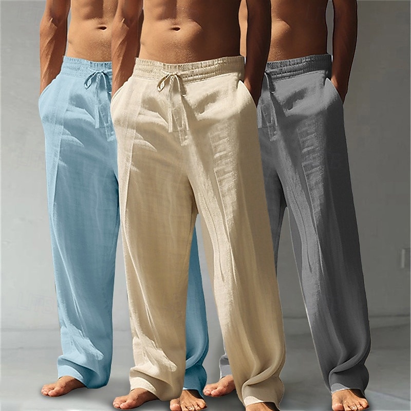 Men's Linen Pants Trousers Summer Pants Baggy Pants Beach Pants Drawstring Elastic Waist Straight Leg Plain Comfort Breathable Knee Length Outdoor Casual Daily Vacation Classic Style White+Black+Gray 2026 - $44.99 &ndash;P15