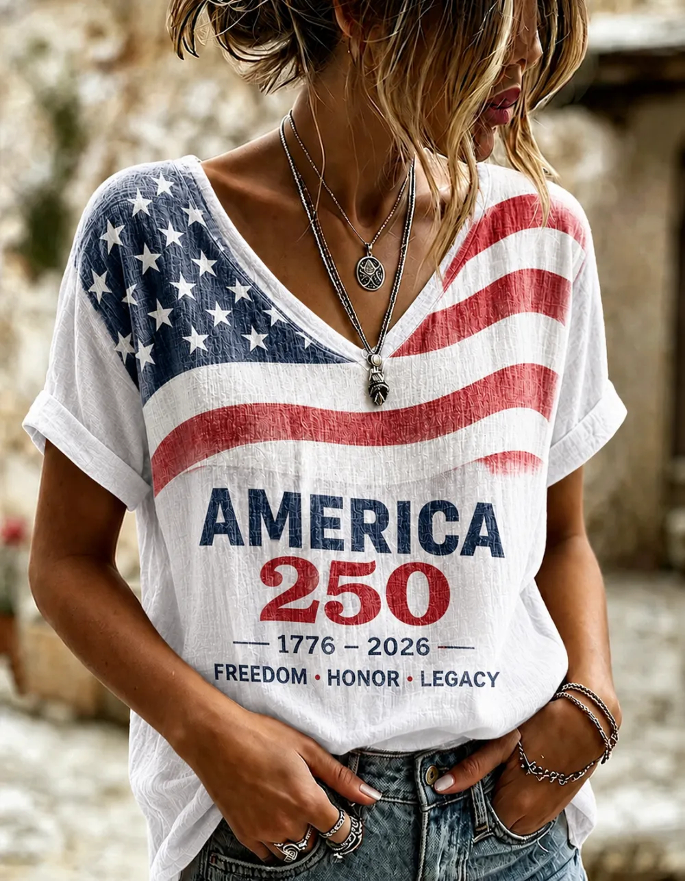 Women Crinkled Textured USA Flag America 250 Patriotic V Neck Short Sleeve T-Shirt