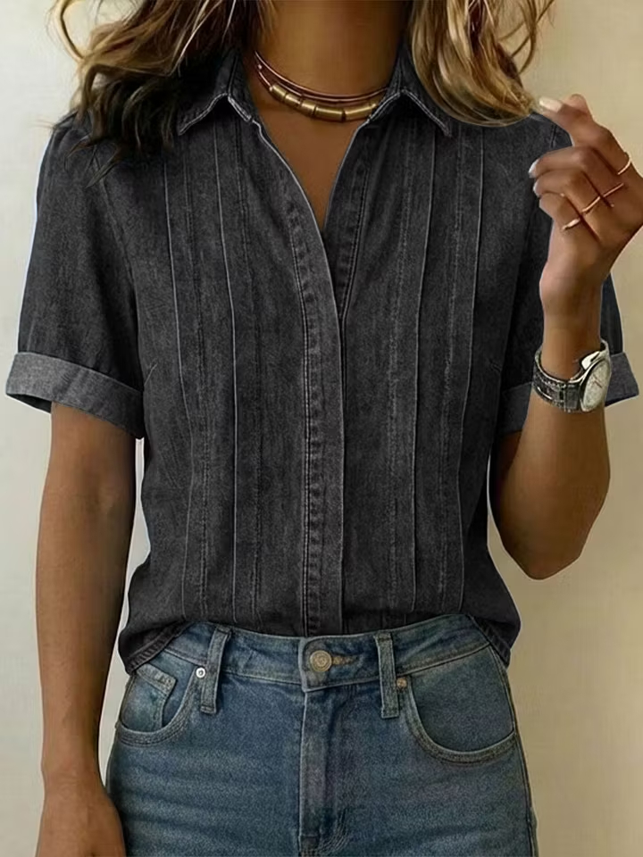 Urban Casual Rolled Sleeve Front Pleat Denim Blouse