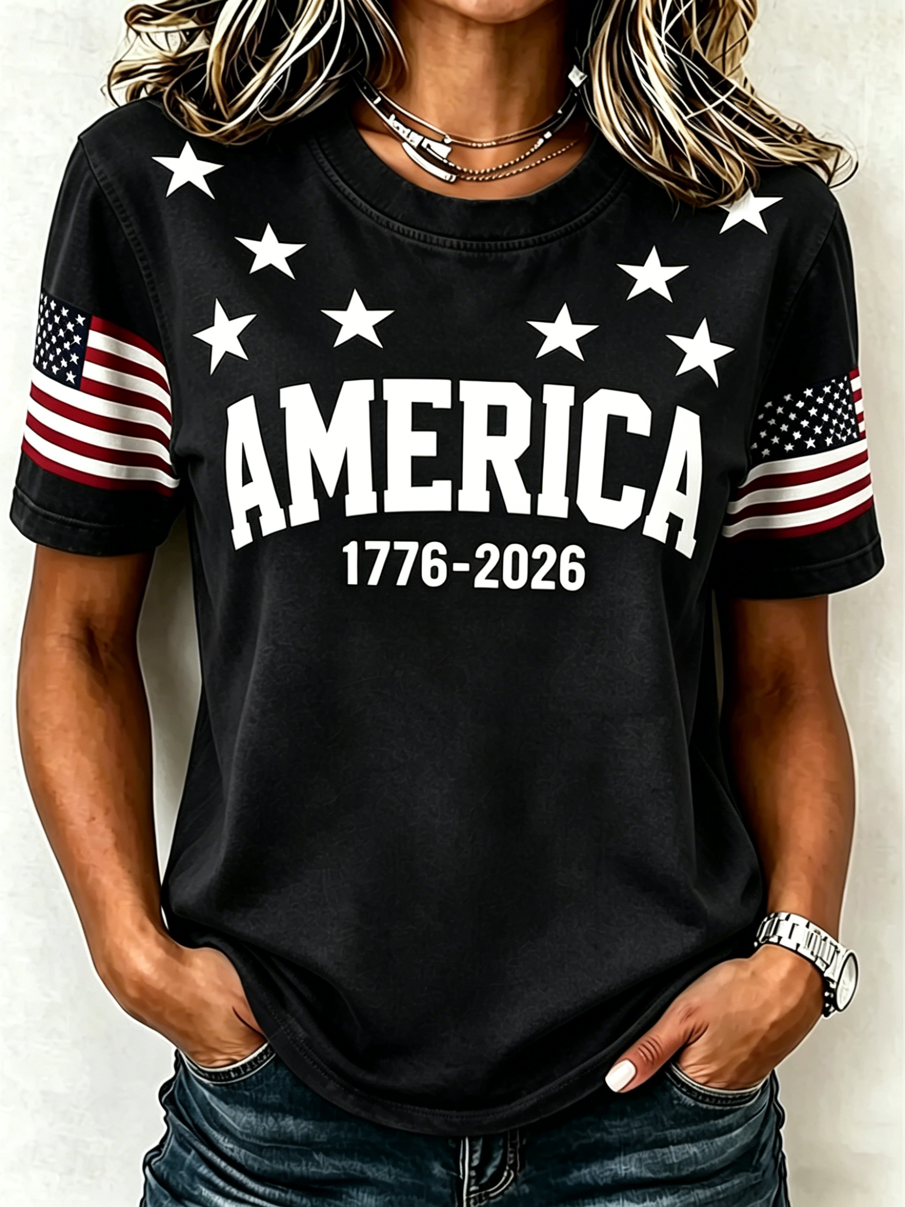 America 1776-2026 Patriotic Print Crew Neck Independence Day Casual T-Shirt for Women