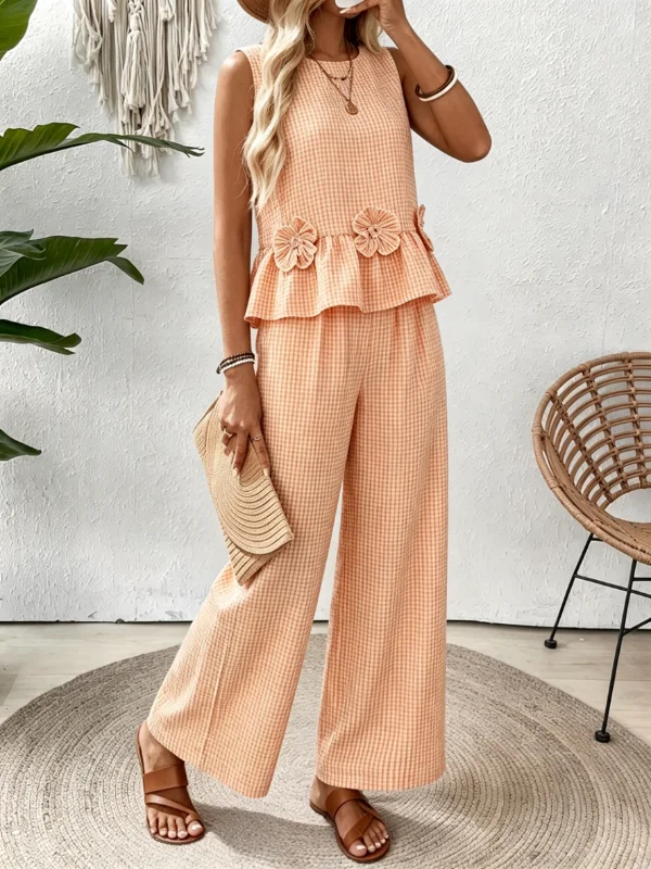 Casual Gingham 3D Floral Sleeveless Peplum Top Elastic Waist Wide Leg Pant Two Piece Women Outfit
