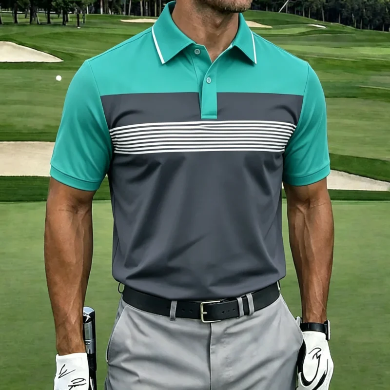 Color Block Stripe Collared Short Sleeve Golf Polo Shirt for Men
