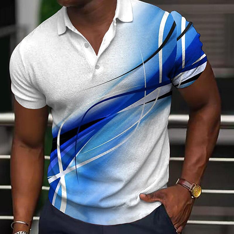 Gradient Abstract Curve Print Lapel Collar Polo Shirt for Men