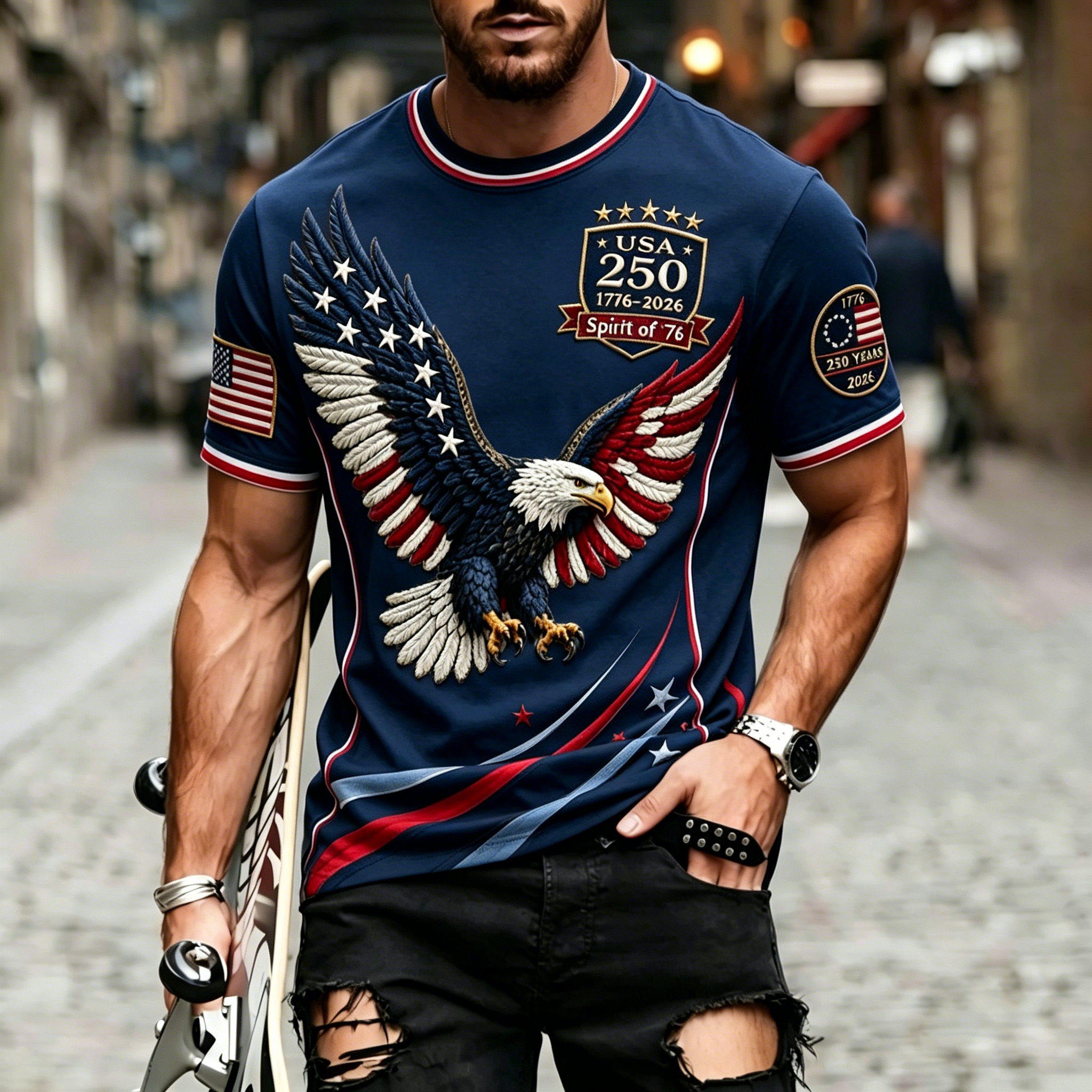 250th Patriotic Eagle USA Badge Stripe Ringer Crew Neck T-Shirt for Men
