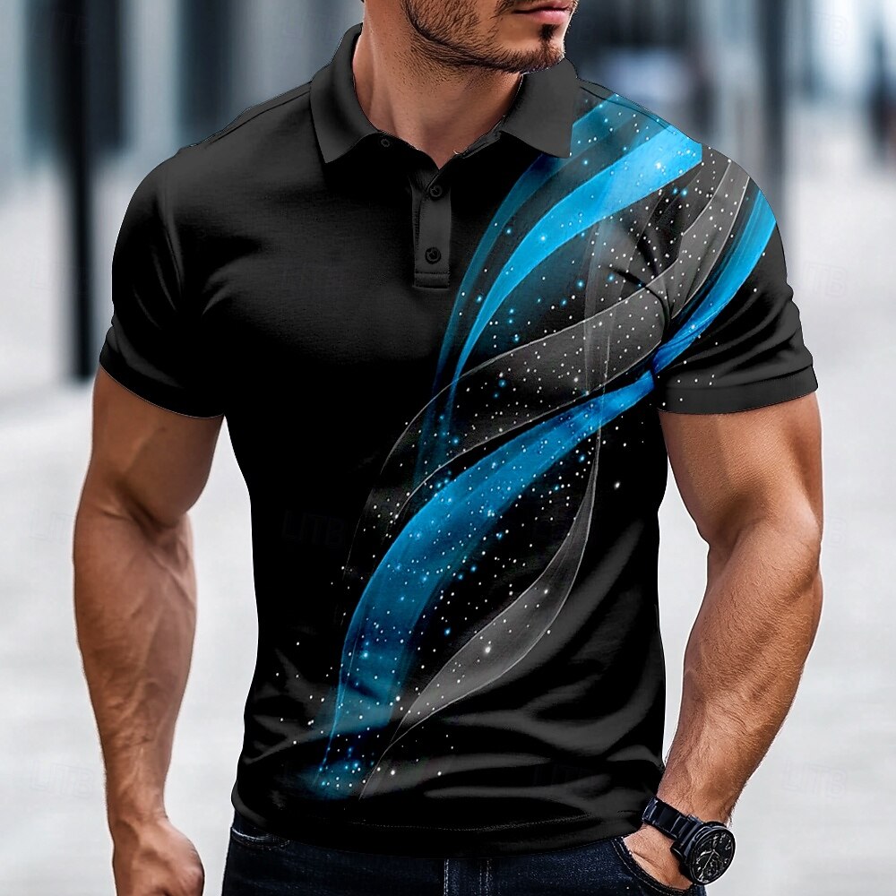 Cosmic Swirl Star Stream Print Collared Short Sleeve Polo Shirt for Men
