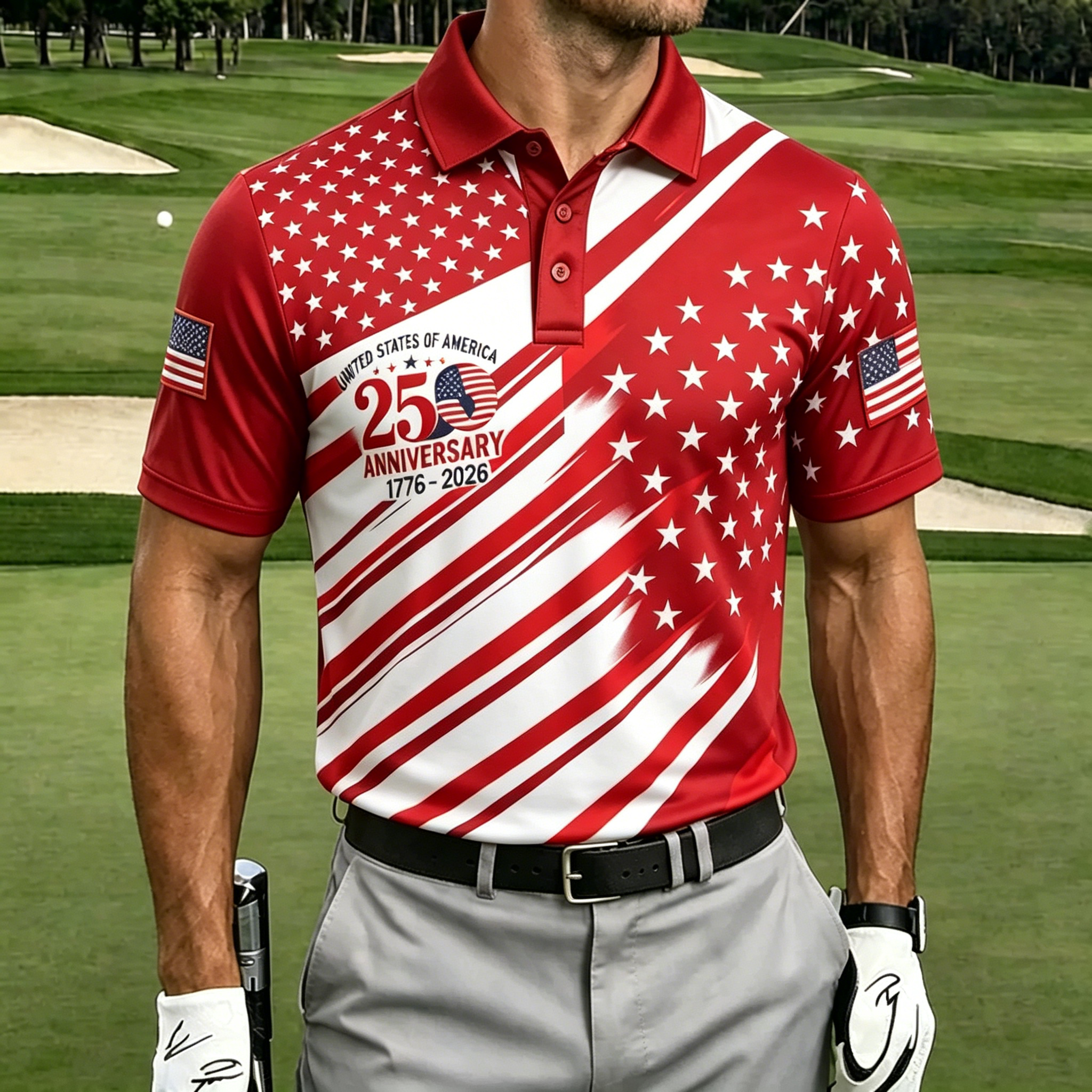 250th Star Stripe Asymmetrical Print Contrast Collar Golf Polo Shirt for Men