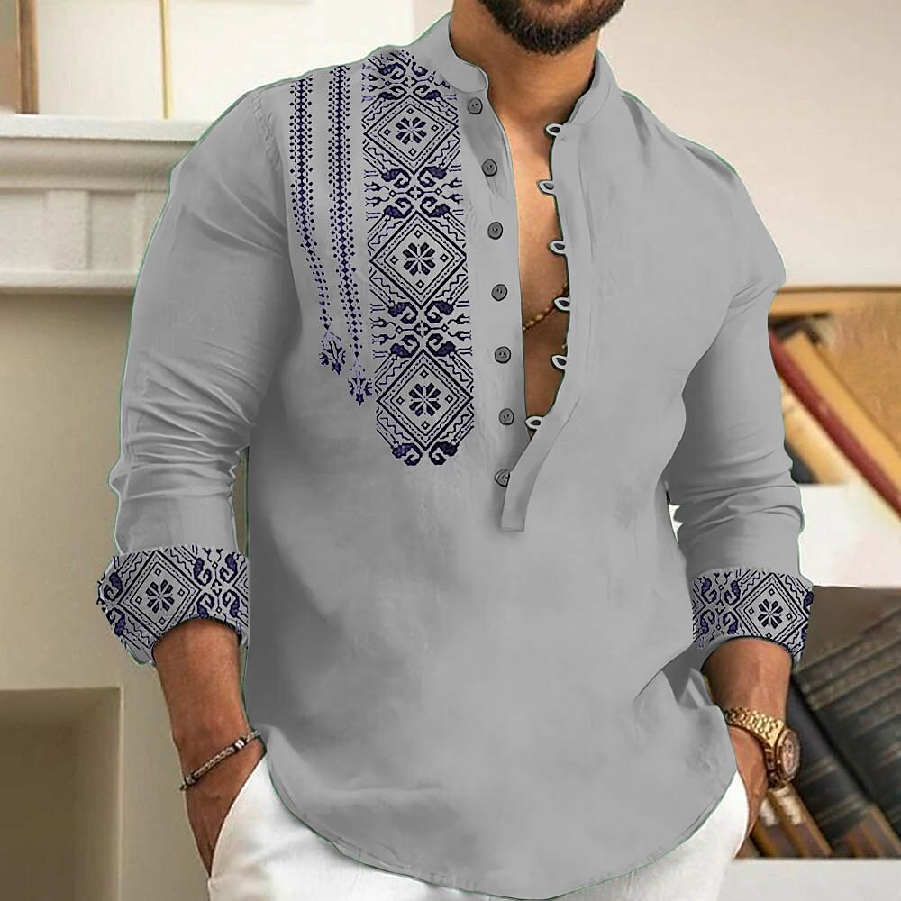 Ethnic Print Stand Collar Long Sleeve Henley Shirt Men Casual Bohemian Top