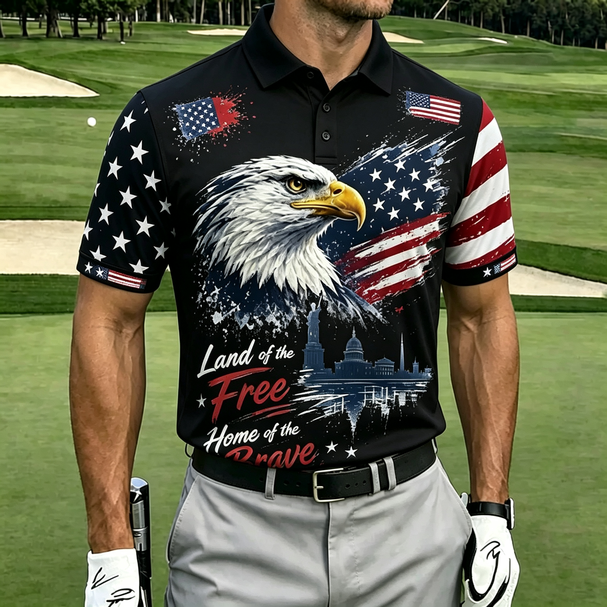 Artistic Splash Eagle Flag Landmark Performance Golf Polo