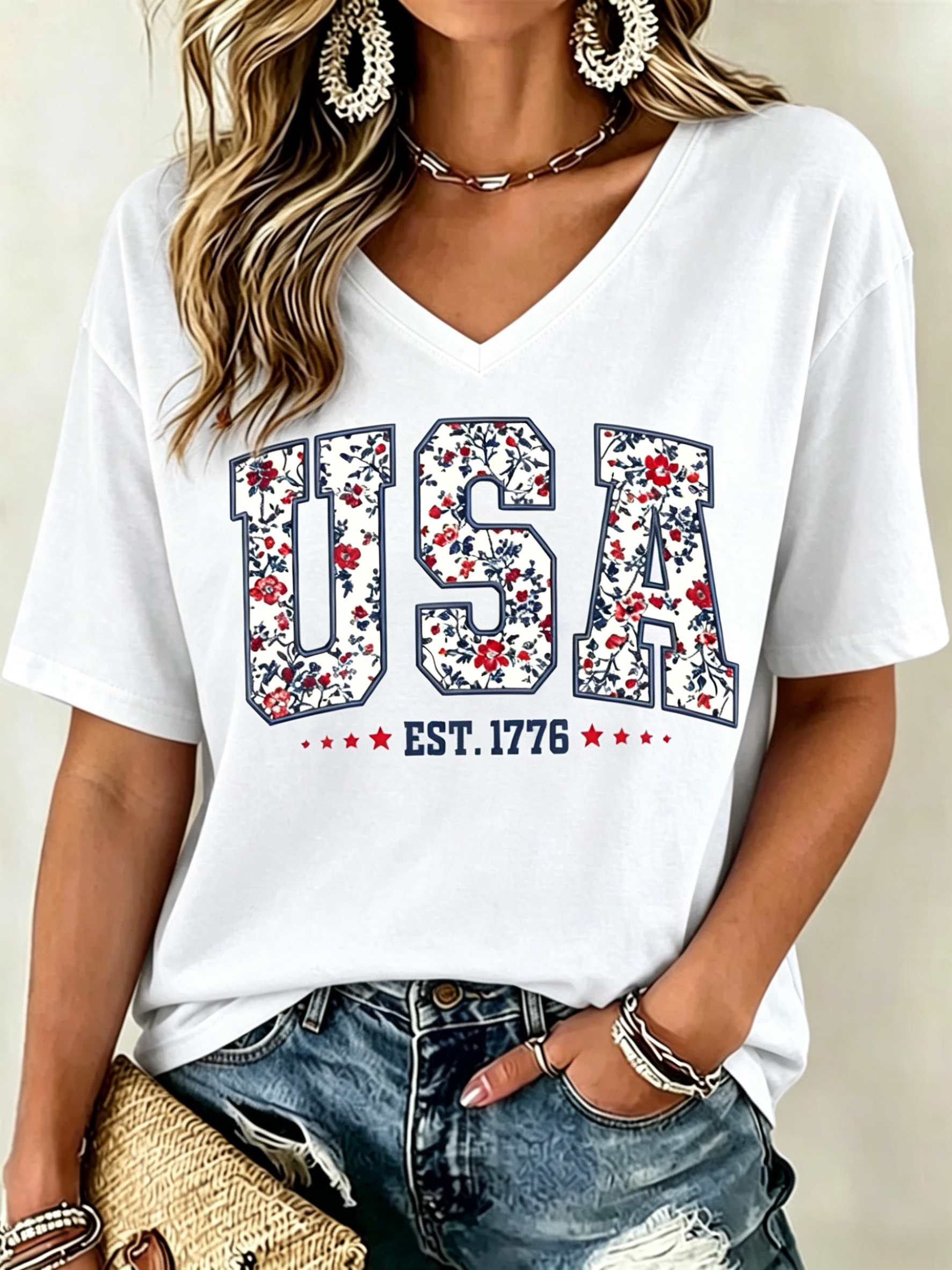 Floral Fill USA EST. 1776 Patriotic Print V Neck Oversized Women Casual Short Sleeve T-Shirt