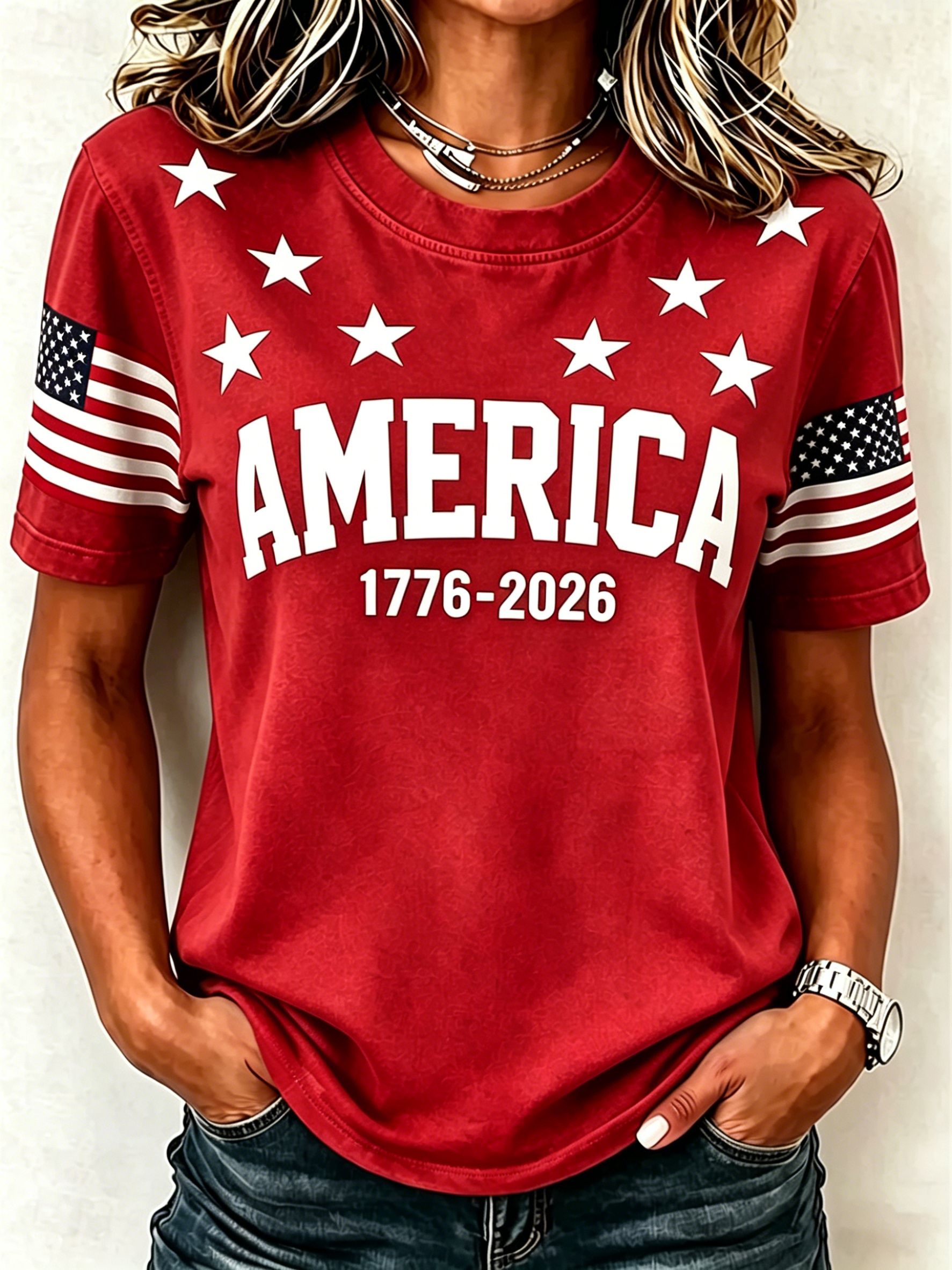 America 1776-2026 Patriotic Print Crew Neck Independence Day Casual T-Shirt for Women