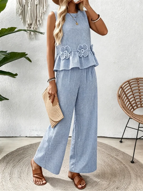 Casual Gingham 3D Floral Sleeveless Peplum Top Elastic Waist Wide Leg Pant Two Piece Women Outfit