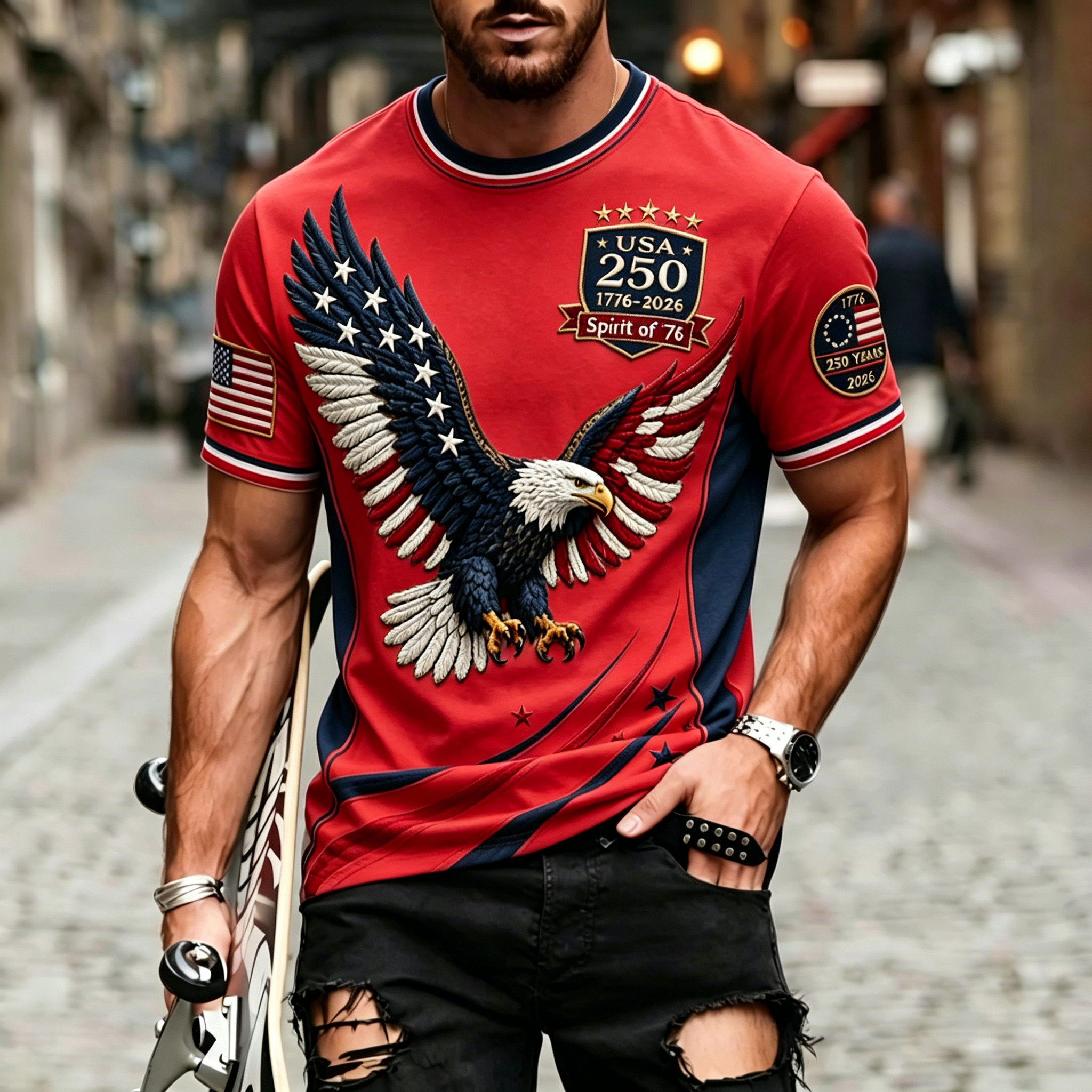250th Patriotic Eagle USA Badge Stripe Ringer Crew Neck T-Shirt for Men