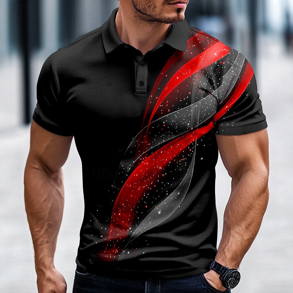 Cosmic Swirl Star Stream Print Collared Short Sleeve Polo Shirt for Men