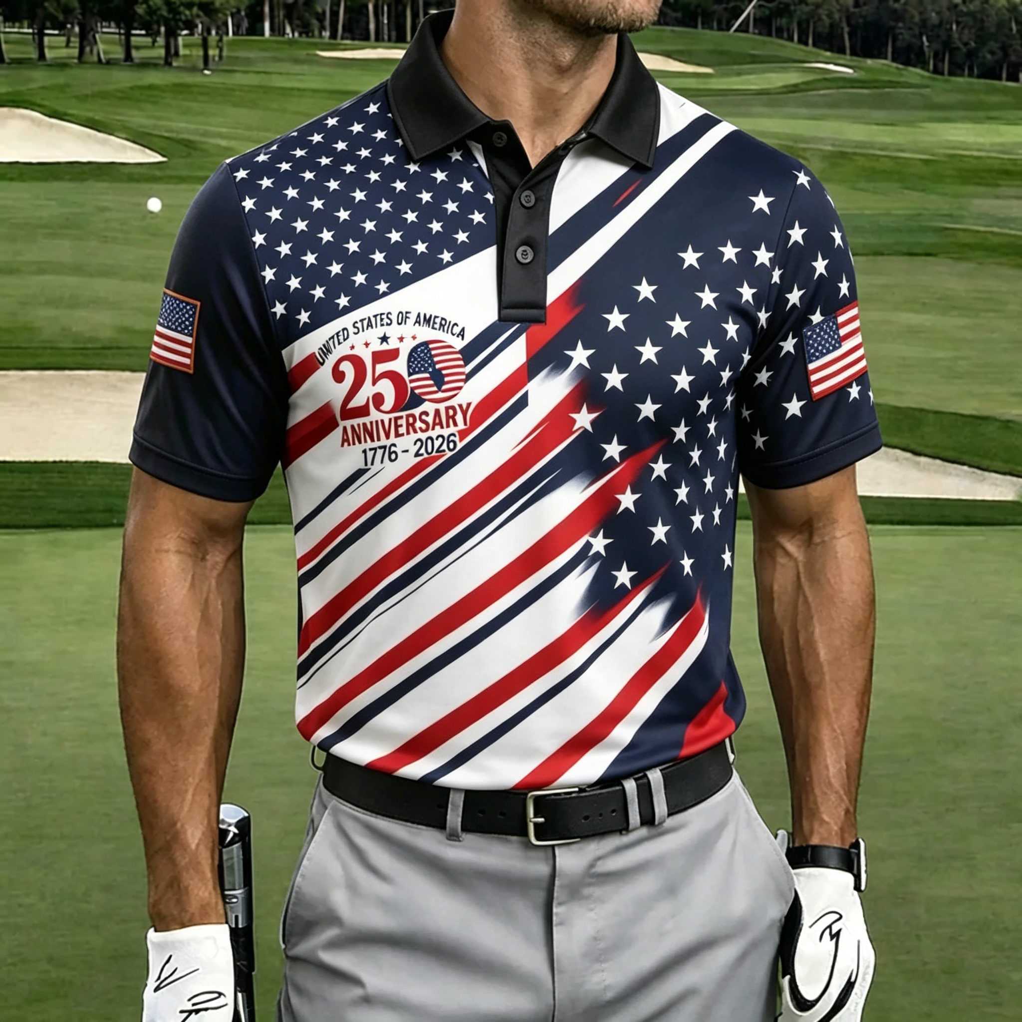 250th Star Stripe Asymmetrical Print Contrast Collar Golf Polo Shirt for Men