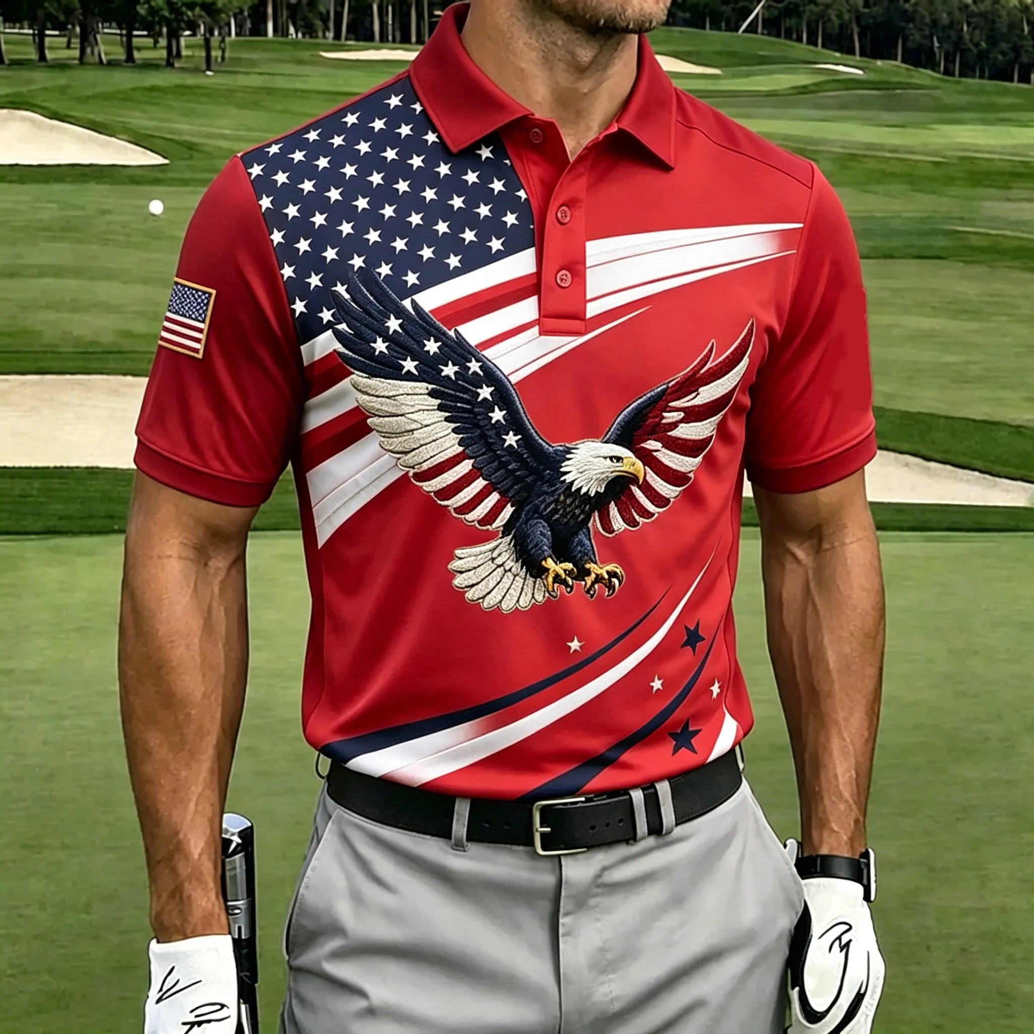 Bald Eagle Split Star Stripe Print Contrast Collar Golf Polo Shirt for Men