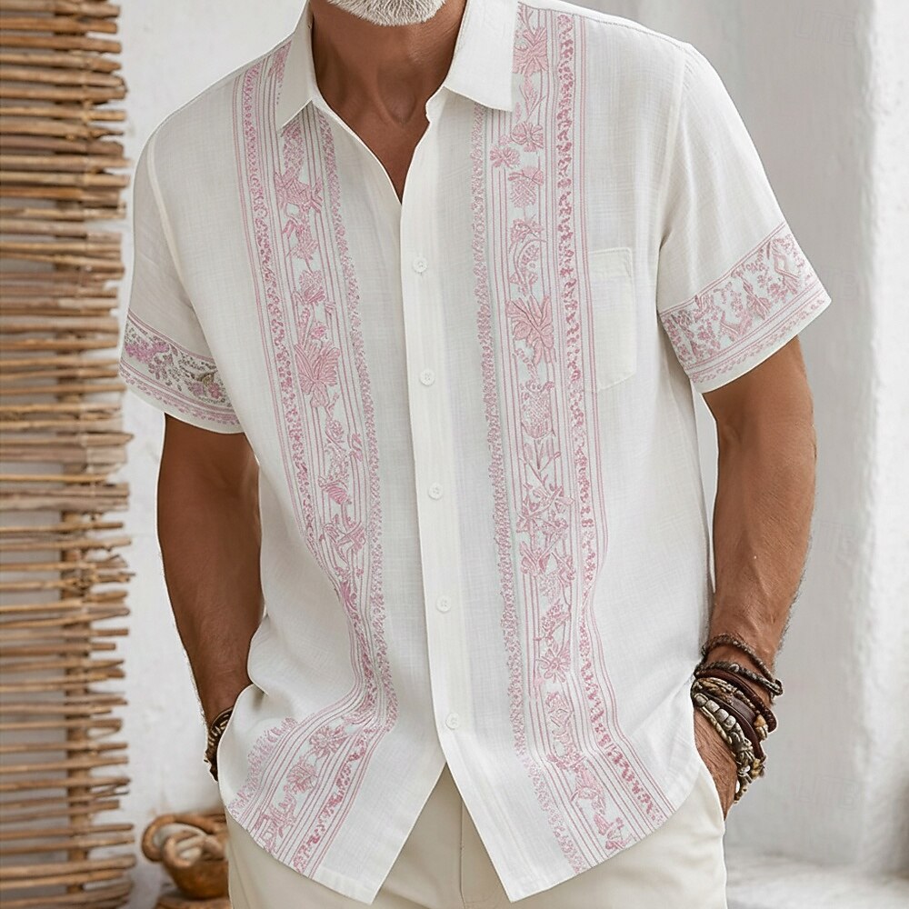 Boho Vertical Floral Stripe Print Lapel Pocket Short Sleeve Linen Vacation Shirt for Men