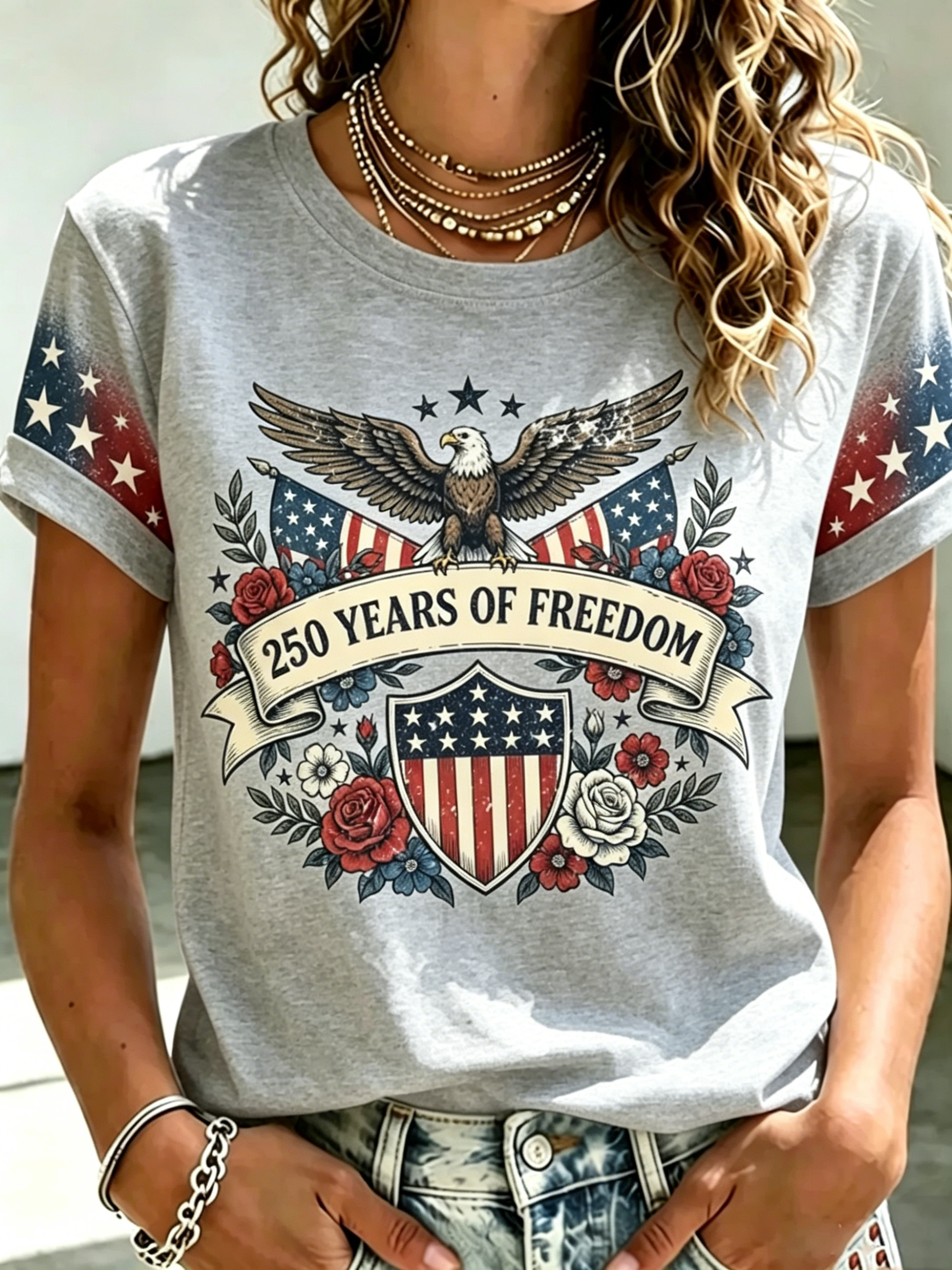 Floral Eagle Double Flag Gradient Sleeve Patriotic Crew Neck T-Shirt for Women
