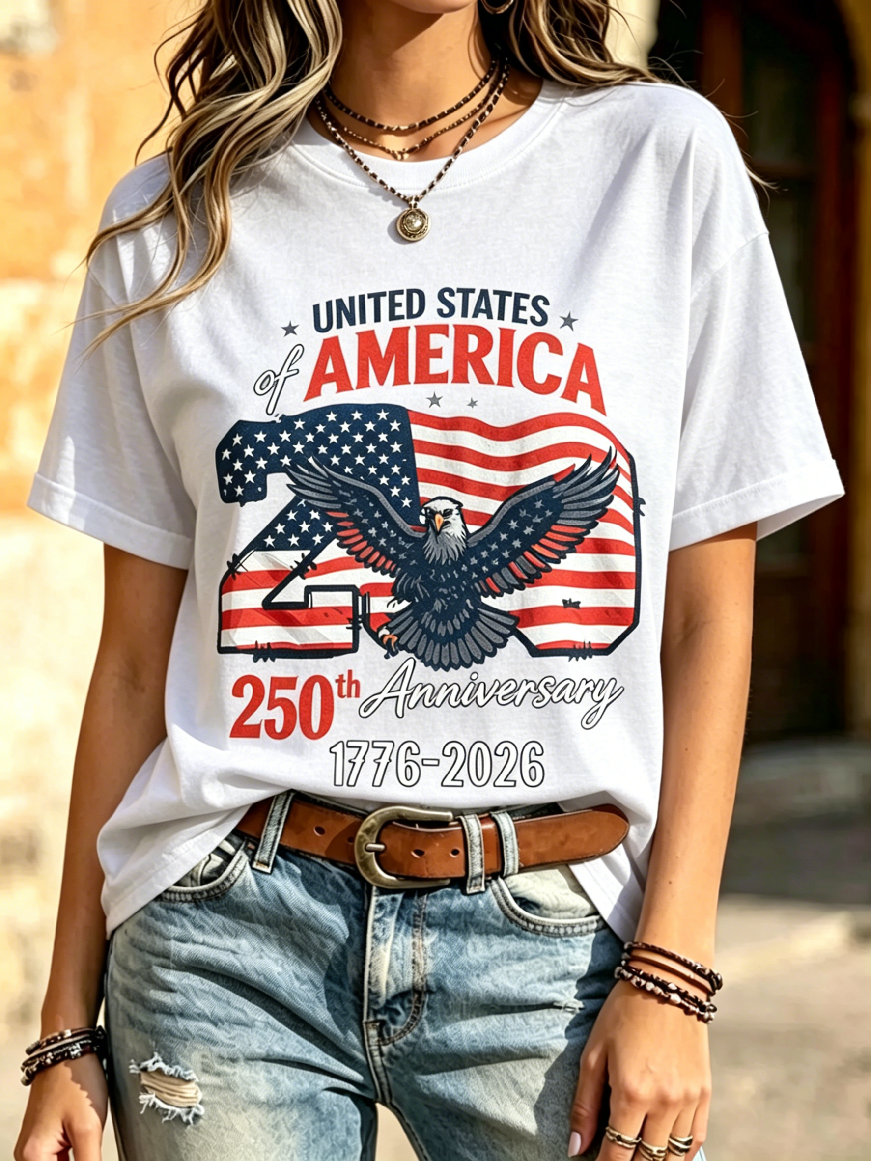 250th USA Anniversary Eagle Flag Print Crew Neck Casual Patriotic Short Sleeve Tee