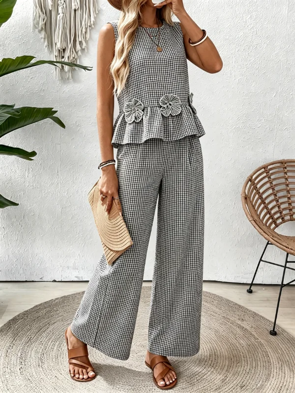 Casual Gingham 3D Floral Sleeveless Peplum Top Elastic Waist Wide Leg Pant Two Piece Women Outfit