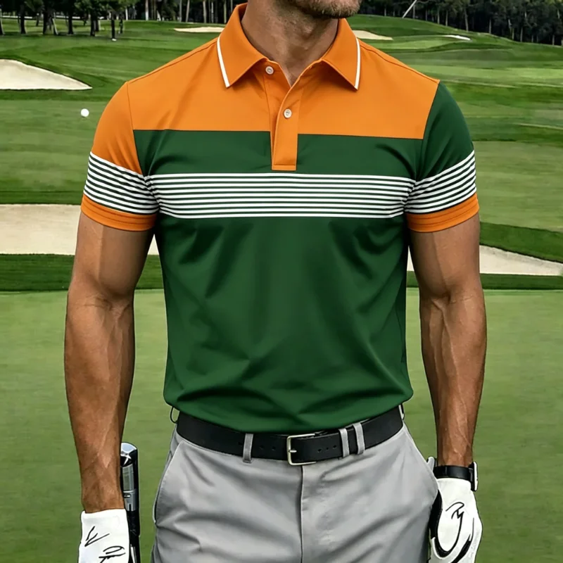 Color Block Stripe Collared Short Sleeve Golf Polo Shirt for Men